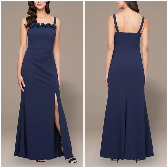 New Alex Evenings Flower Neckline Maxi Dress Square Neck Navy Blue Sz 14 - Picture 1 of 13